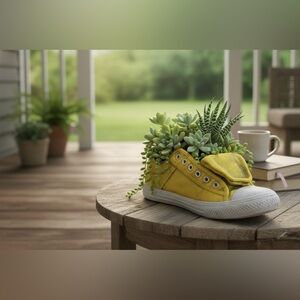 Yellow Concrete Sneaker Planter - Retro High-Top Succulent Pot with Drainage